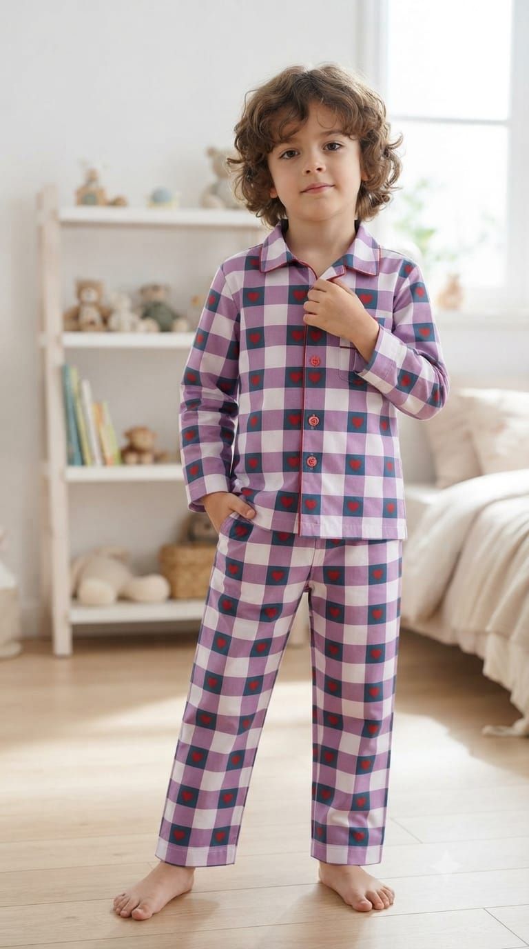 Sephani Purple Checkered Printed Night suit Set for Boys | Full Sleeve Kids Night Suit Set