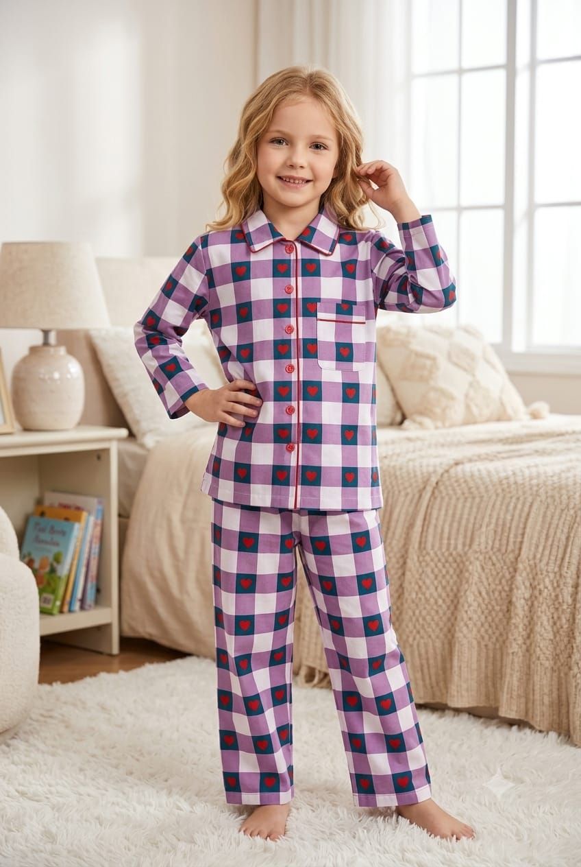 A young girl stands in a bright bedroom wearing a long-sleeve button-up pajama shirt and matching pants in a purple, pink, and red plaid pattern.