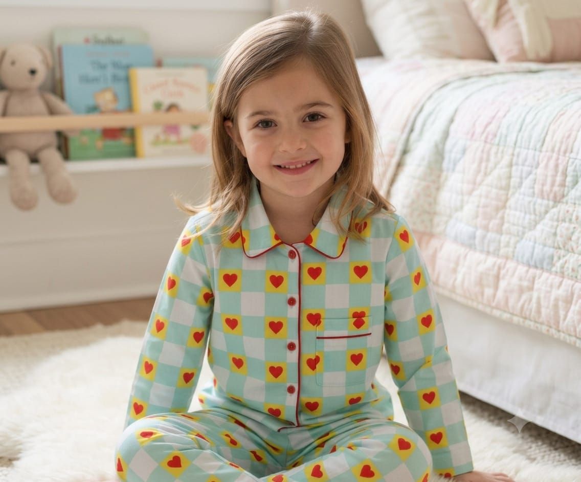 Sephani Multicolor Checkered Heart Print Nightsuit Set for Girls | Full Sleeve Kids Pajama Set