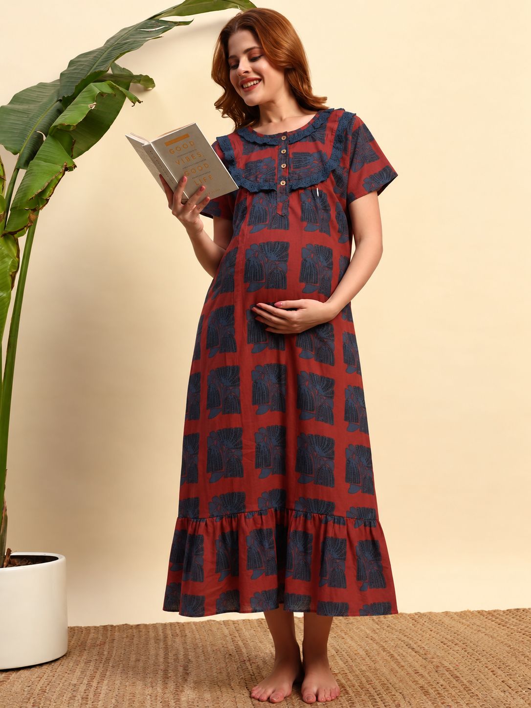Sephani women’s red and navy printed cotton maternity nightgown