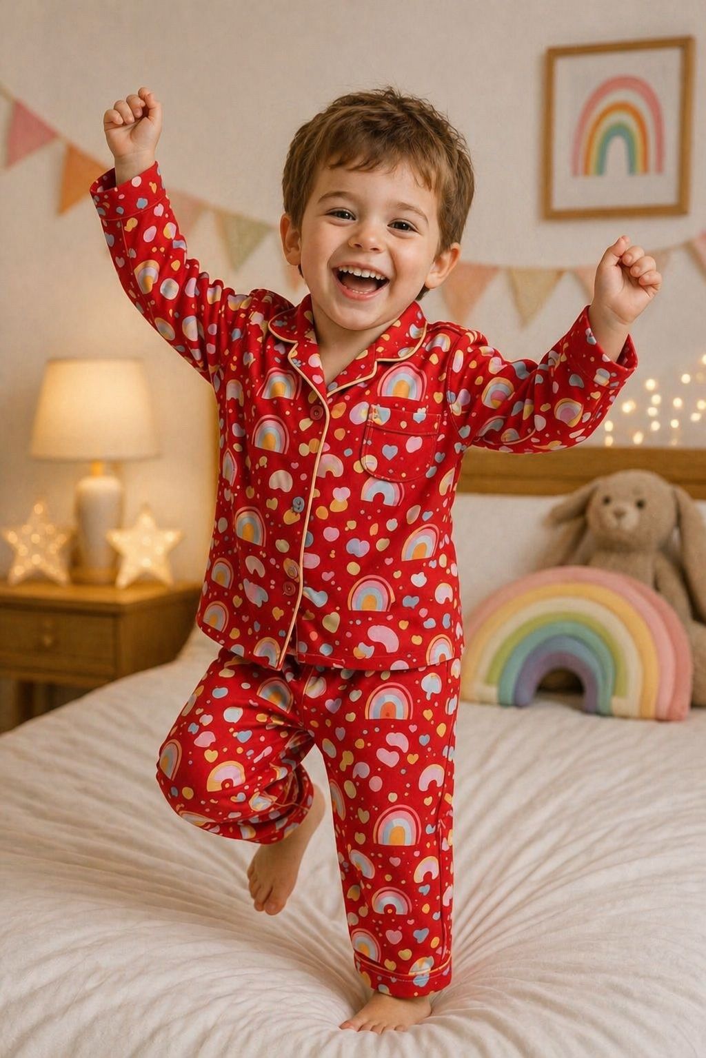 💕Kids Rainbow Print Night Suit Set | Cute Red Cotton Pajama Set for boy| Soft & Comfortable Sleepwear