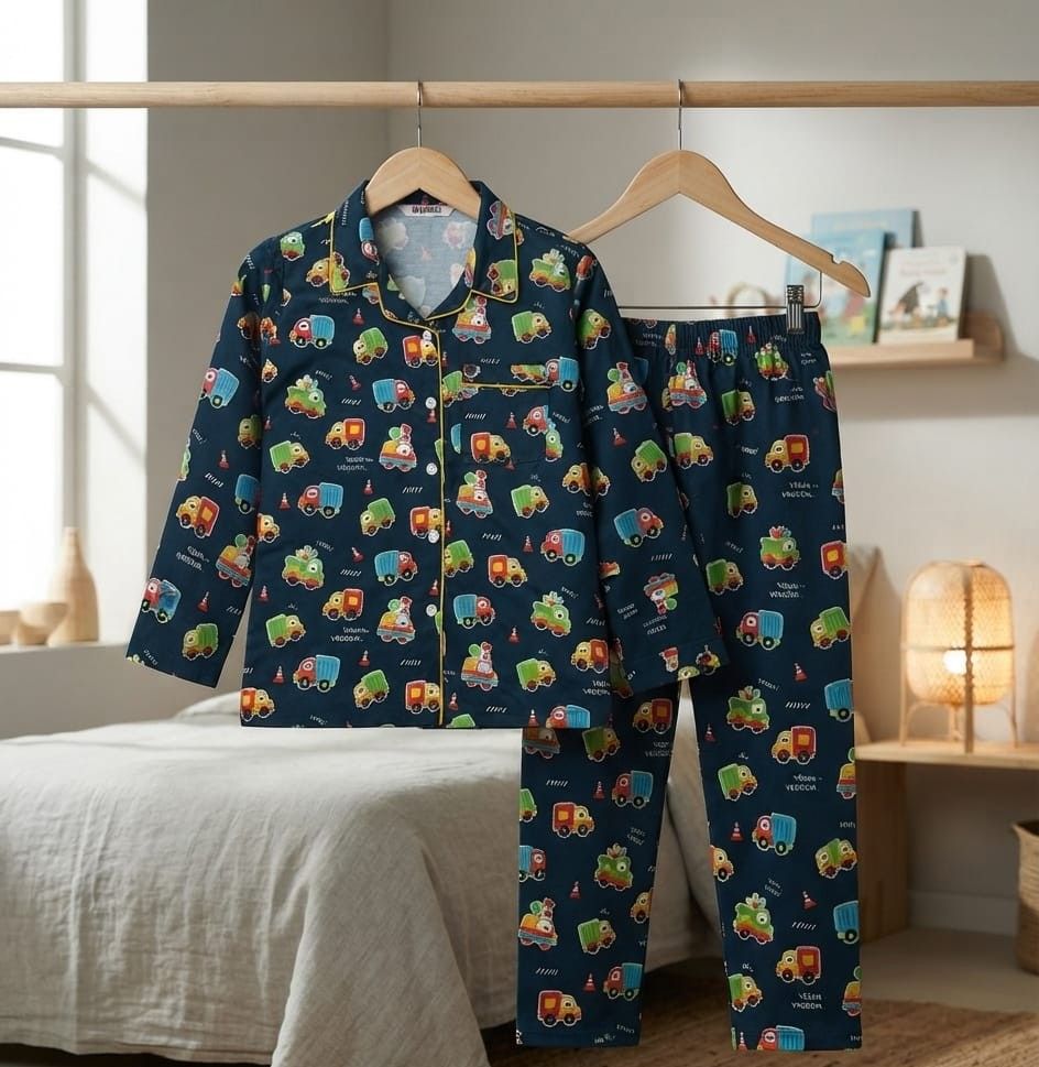 A two-piece children's pajama set hanging on wooden hangers in a bedroom setting. The set includes a long-sleeve top and matching pants in navy blue with a colorful cartoon truck pattern, shown against a softly lit bedroom background.
