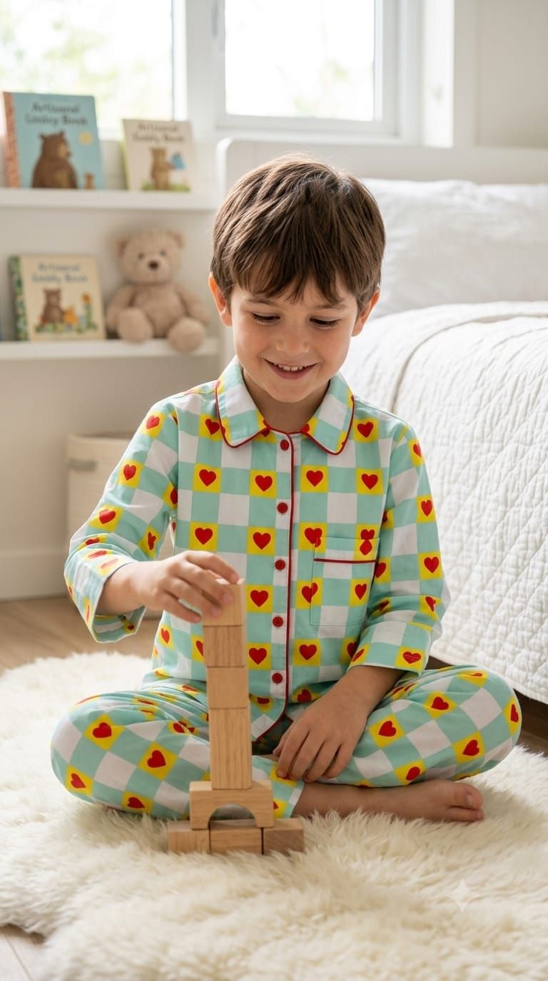 A young boy wearing a light green and white checkered pajama set with red trim and red hearts sits on a white rug in a bright bedroom, playing with a wooden block tower.