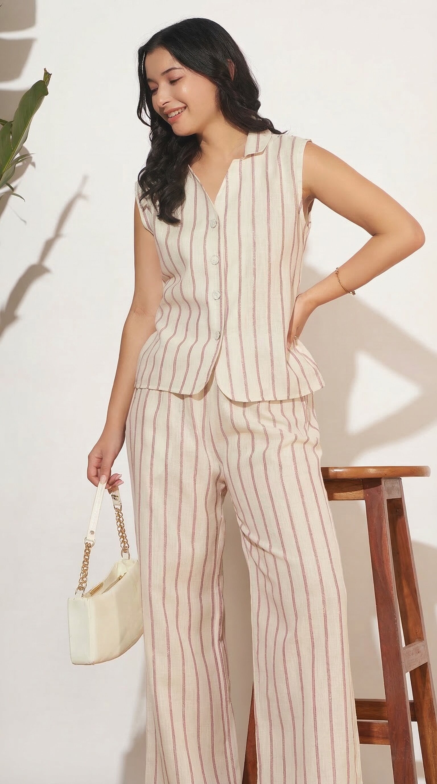 Women’s Pink Striped Sleeveless Co-Ord Set
