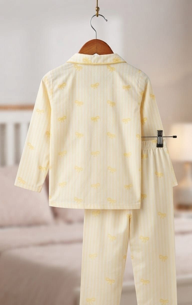 A two-piece children's pajama set hanging on a wooden hanger, featuring a long-sleeve top and matching pants in a pale cream color with subtle vertical stripes and small yellow bow prints, shown against a softly blurred bedroom background.