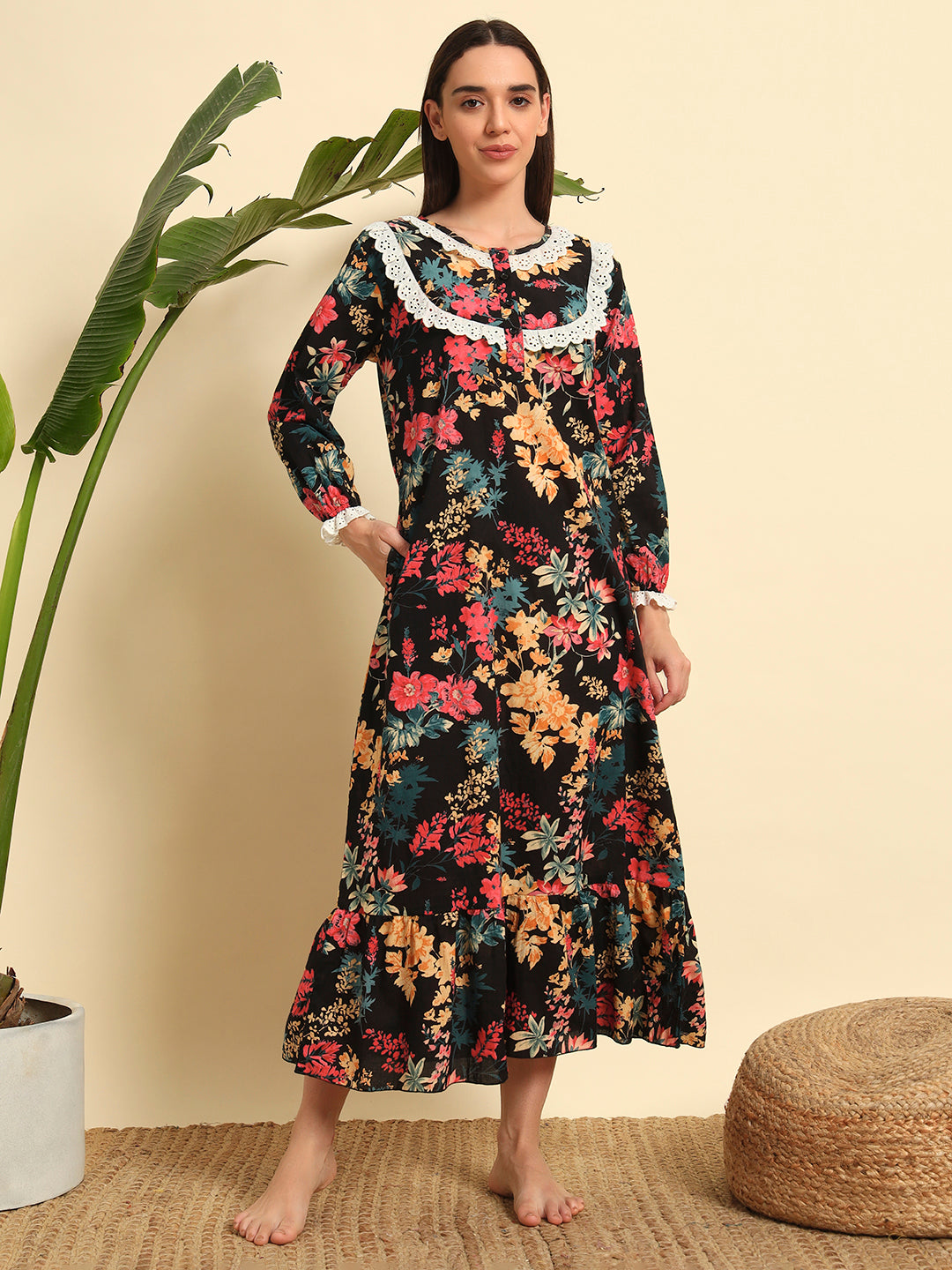🌺 Black Floral Printed Night Gown – Stylish & Comfortable Sleepwear