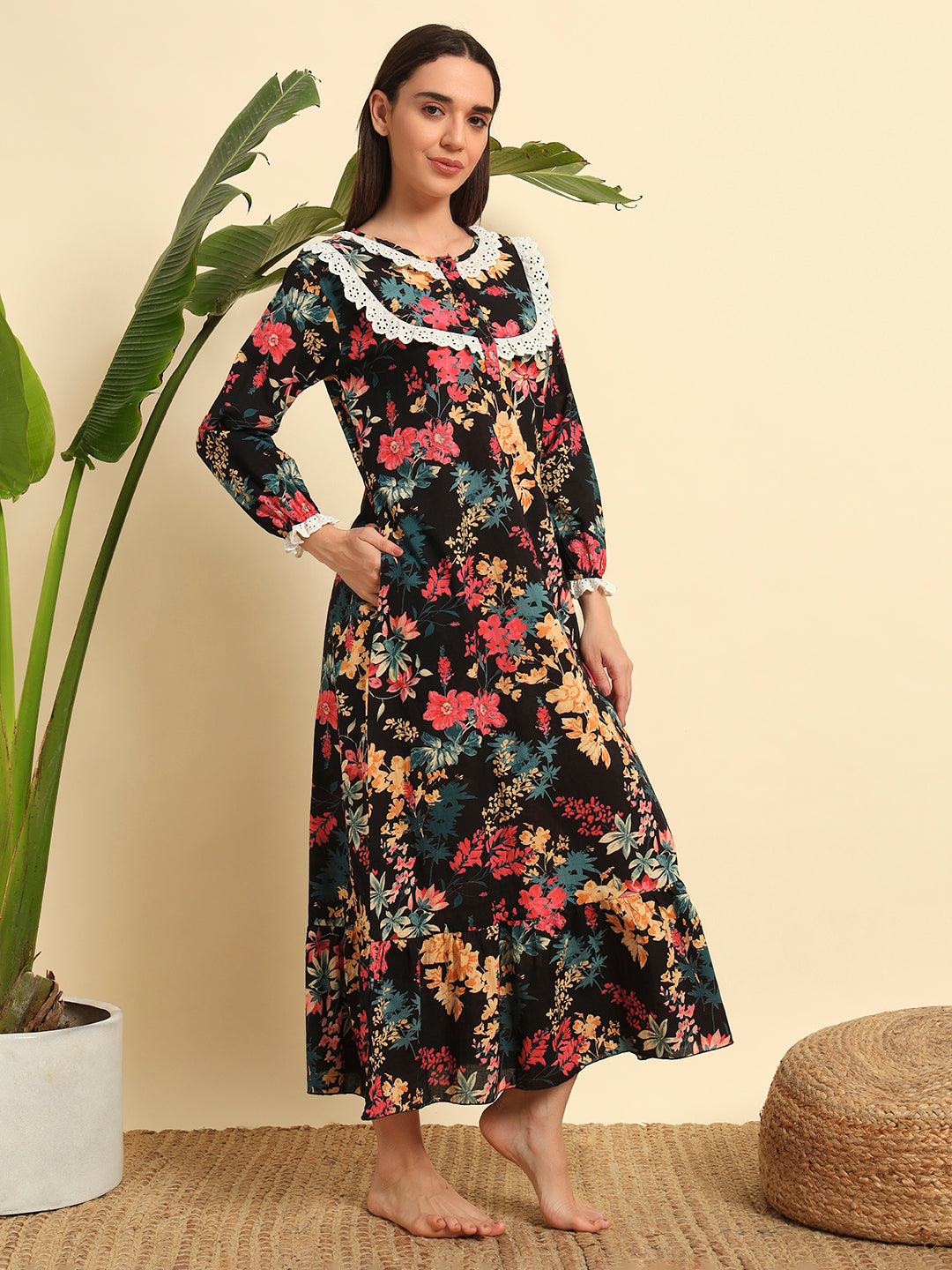 🌺 Black Floral Printed Night Gown – Stylish & Comfortable Sleepwear
