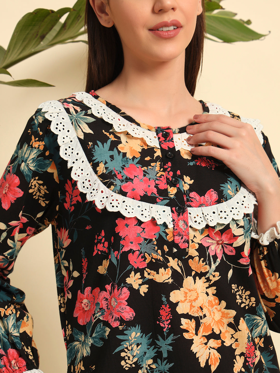 🌺 Black Floral Printed Night Gown – Stylish & Comfortable Sleepwear