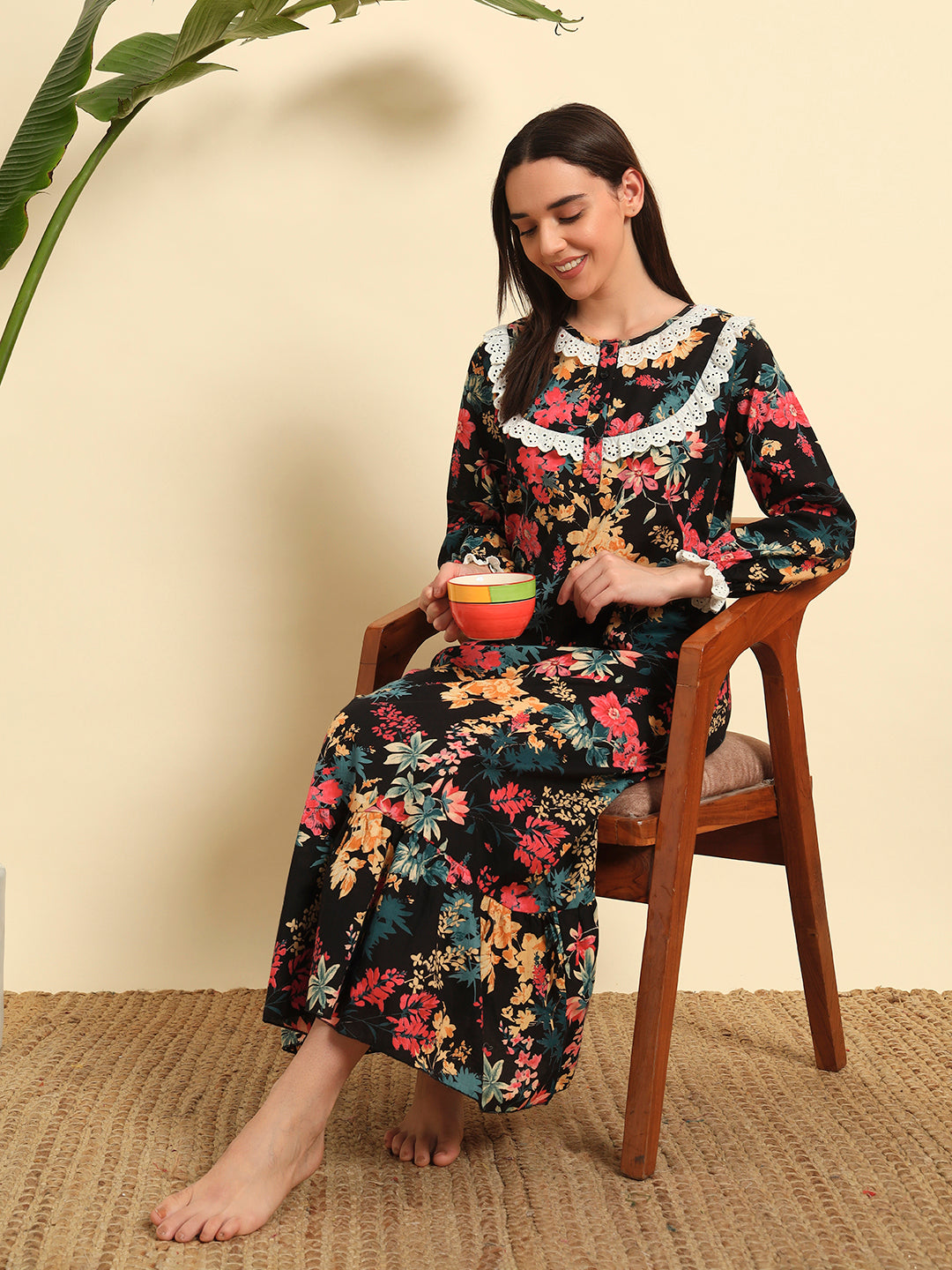🌺 Black Floral Printed Night Gown – Stylish & Comfortable Sleepwear