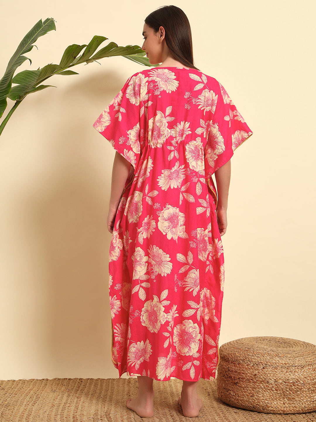 Pink Floral Cotton Kaftan Dress – Soft Breathable Lounge & Nightwear
