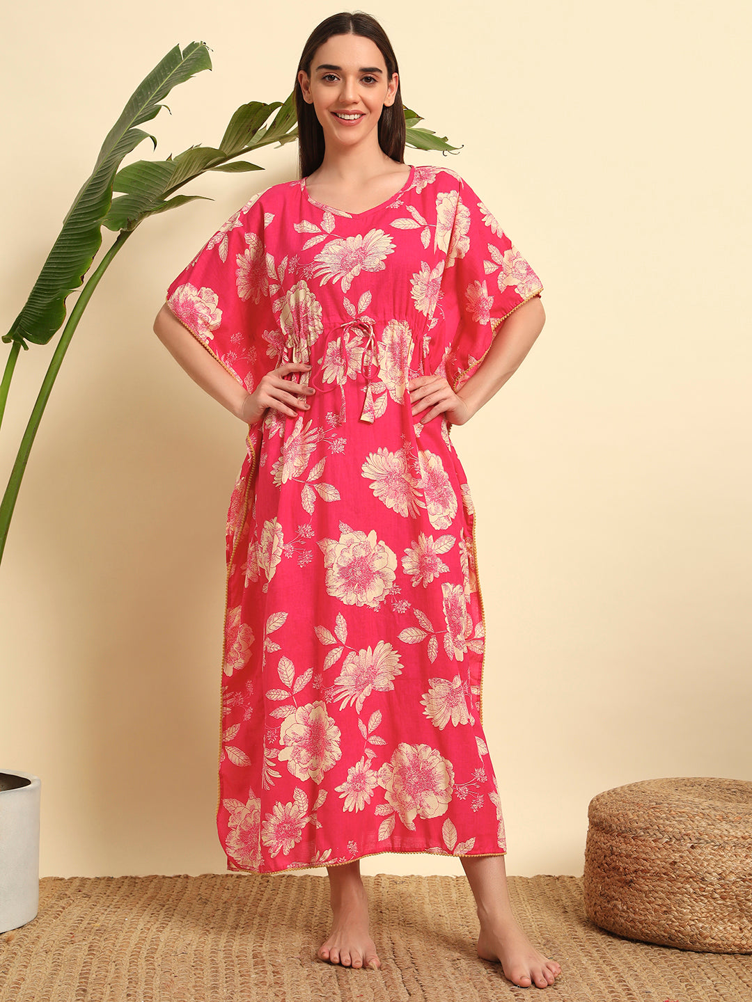 Pink Floral Cotton Kaftan Dress – Soft Breathable Lounge & Nightwear