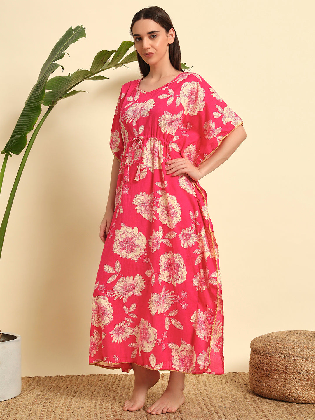 Pink Floral Cotton Kaftan Dress – Soft Breathable Lounge & Nightwear
