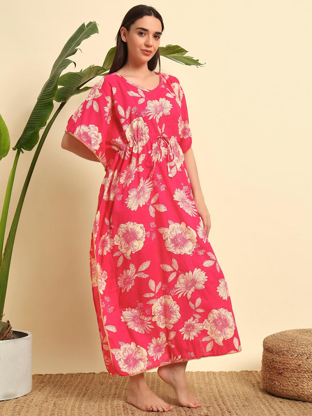 Pink Floral Cotton Kaftan Dress – Soft Breathable Lounge & Nightwear
