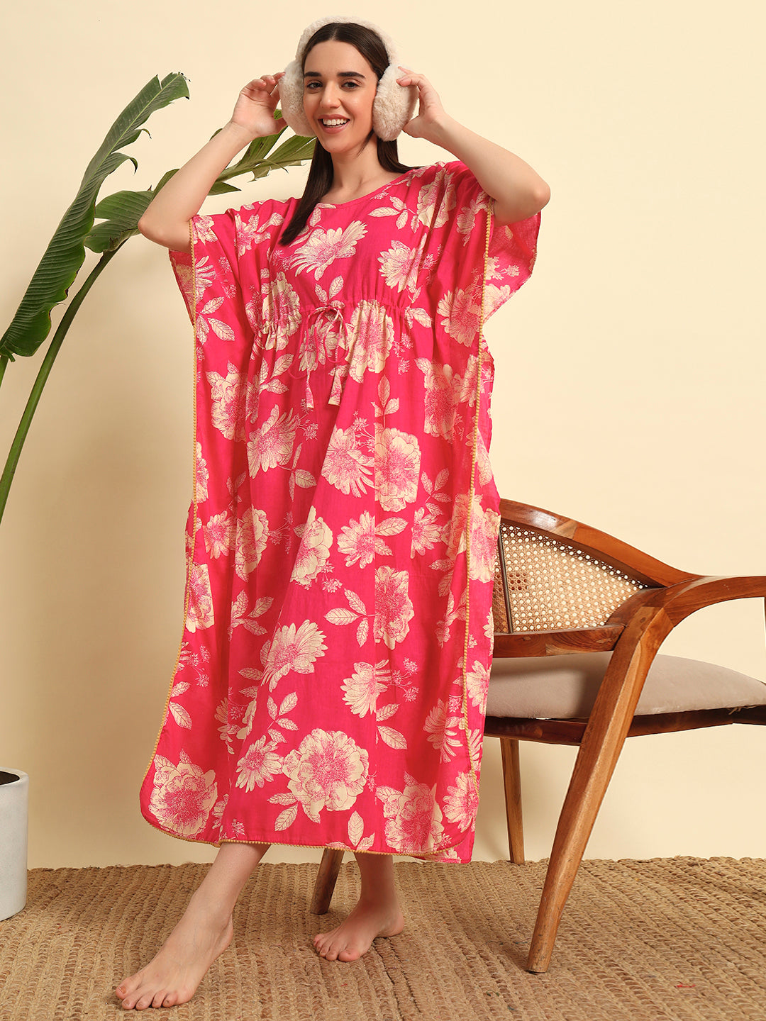 Pink Floral Cotton Kaftan Dress – Soft Breathable Lounge & Nightwear