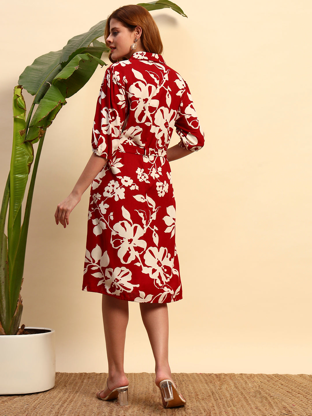 Red Floral Shirt Dress for Women