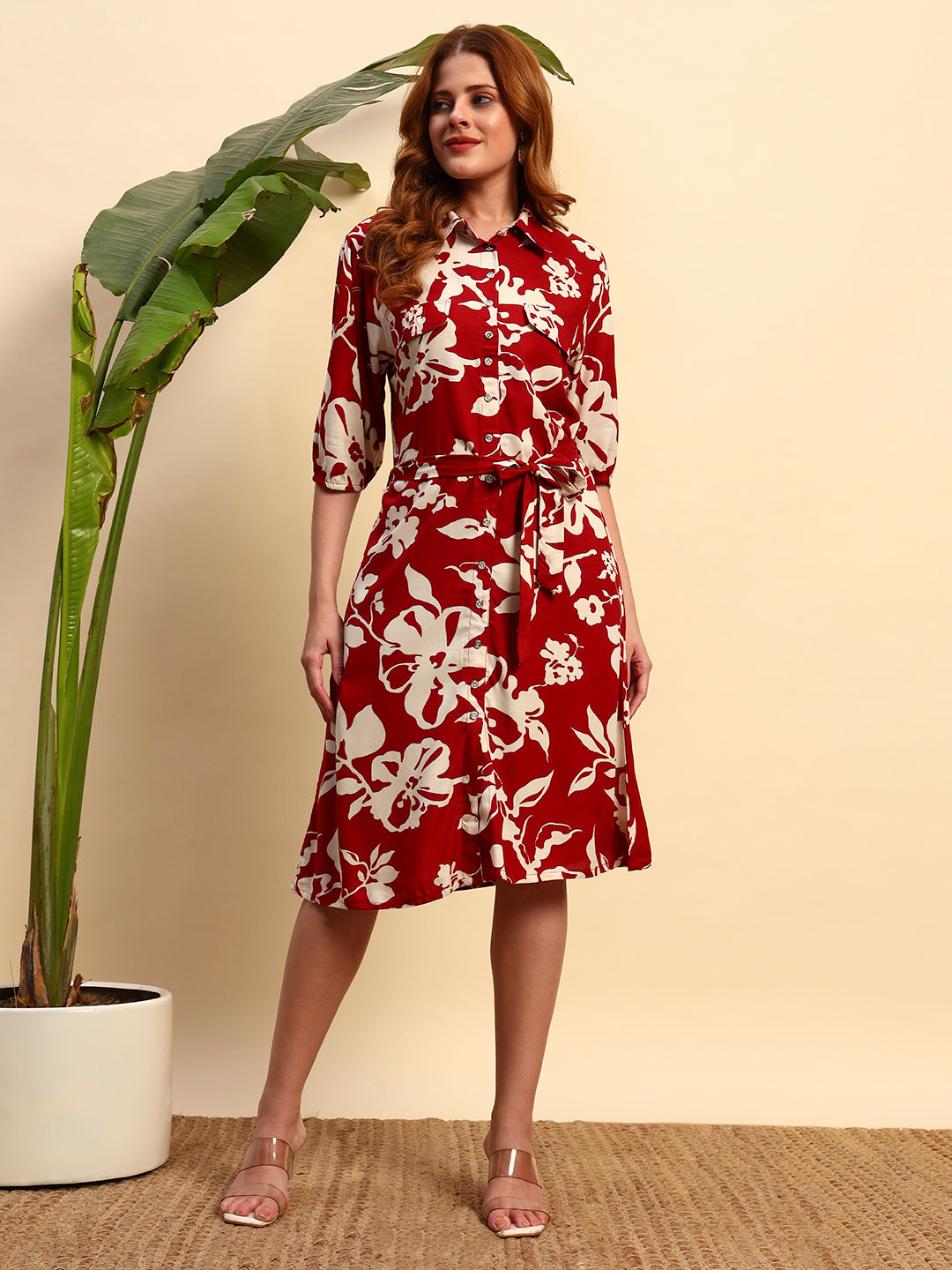 Red Floral Shirt Dress for Women
