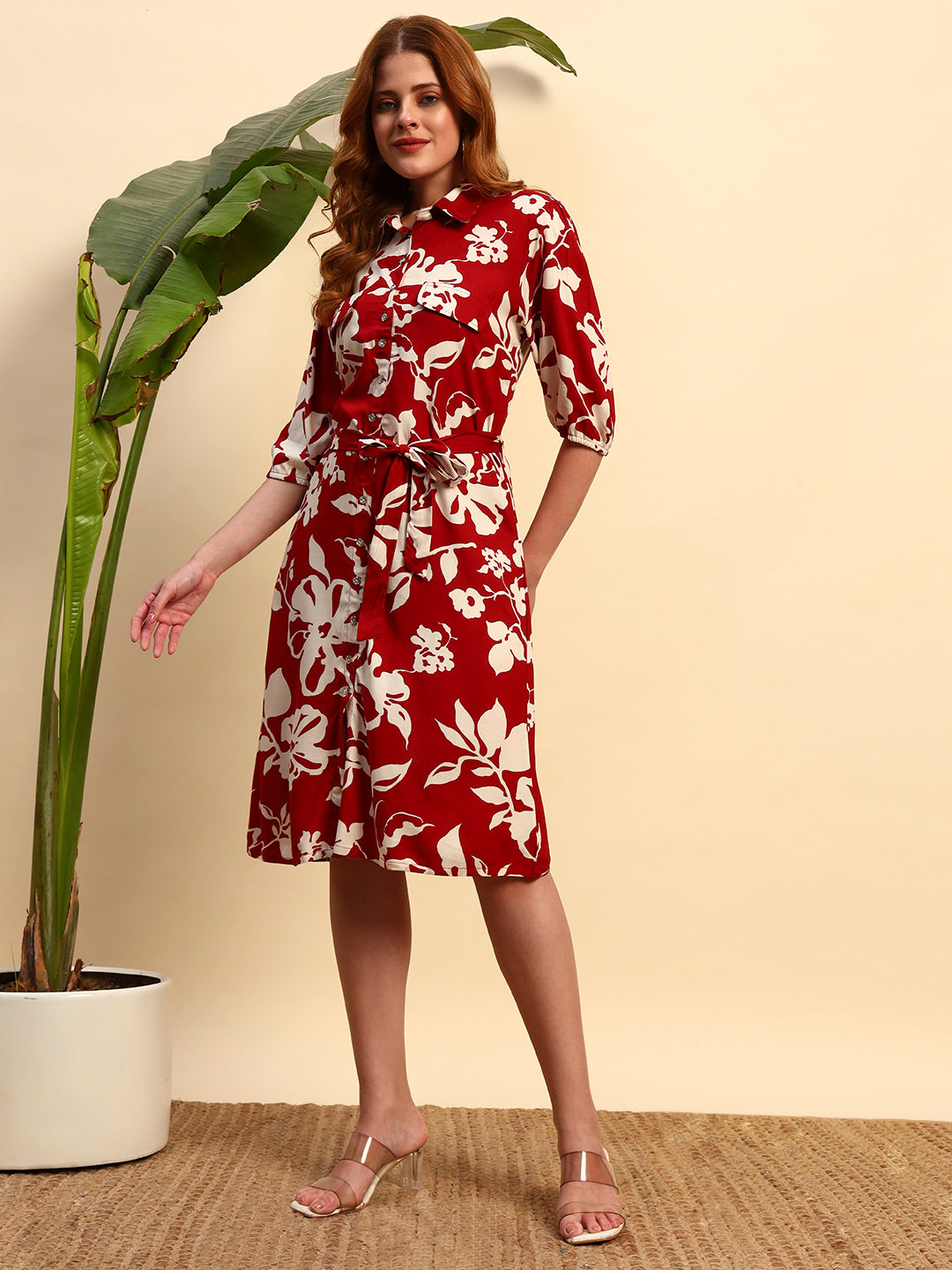 Red Floral Shirt Dress for Women