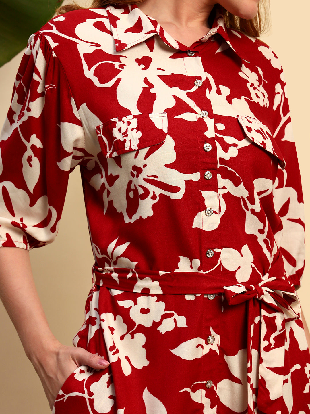 Red Floral Shirt Dress for Women
