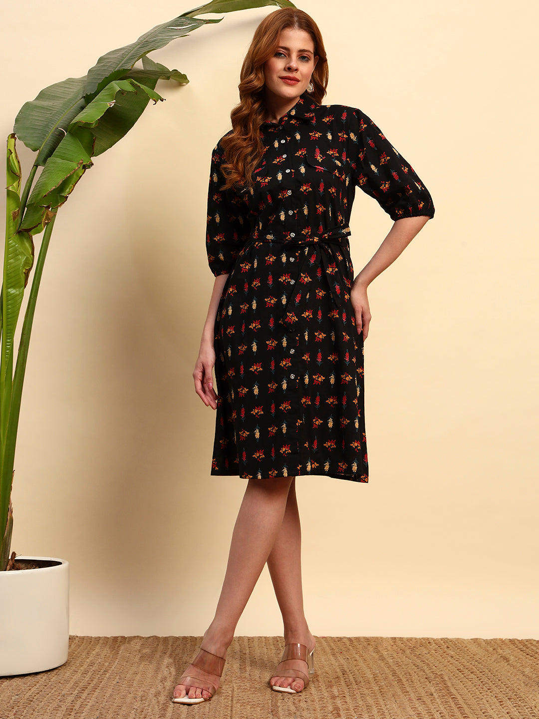 Black Printed Shirt Dress for Women