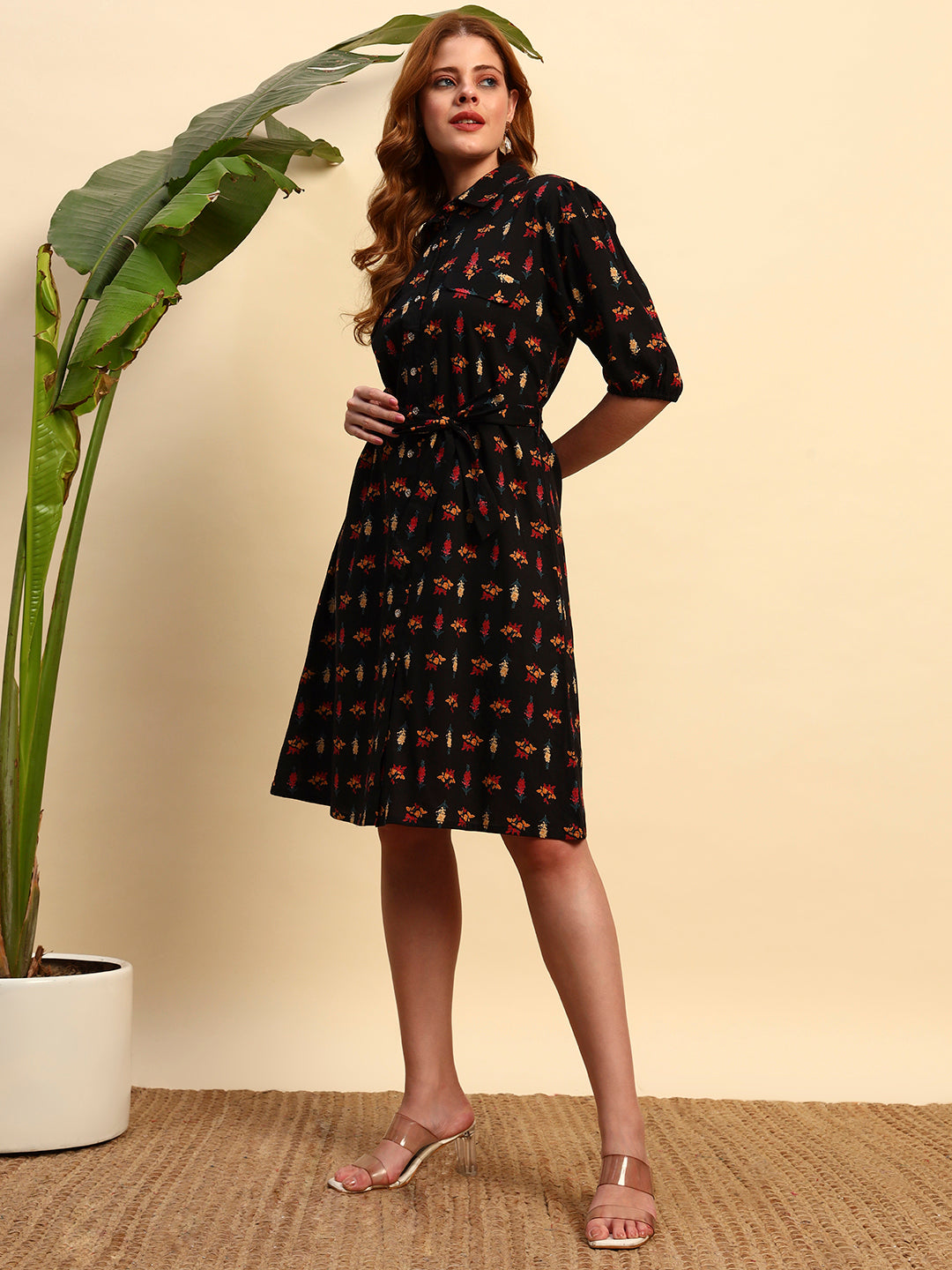 Black Printed Shirt Dress for Women