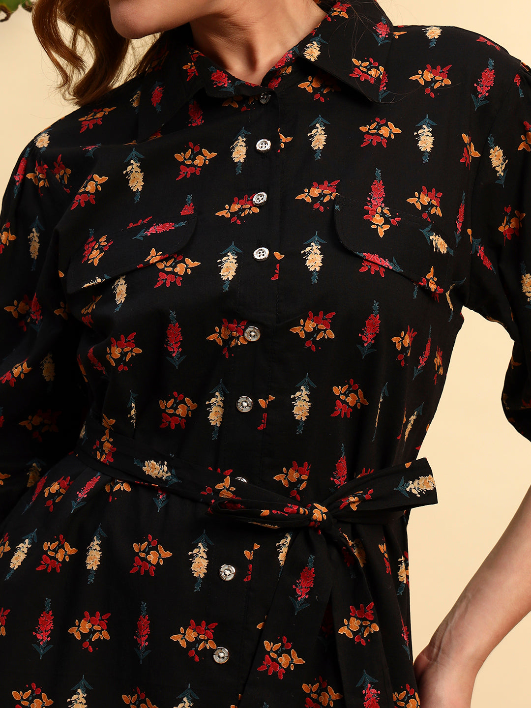 Black Printed Shirt Dress for Women