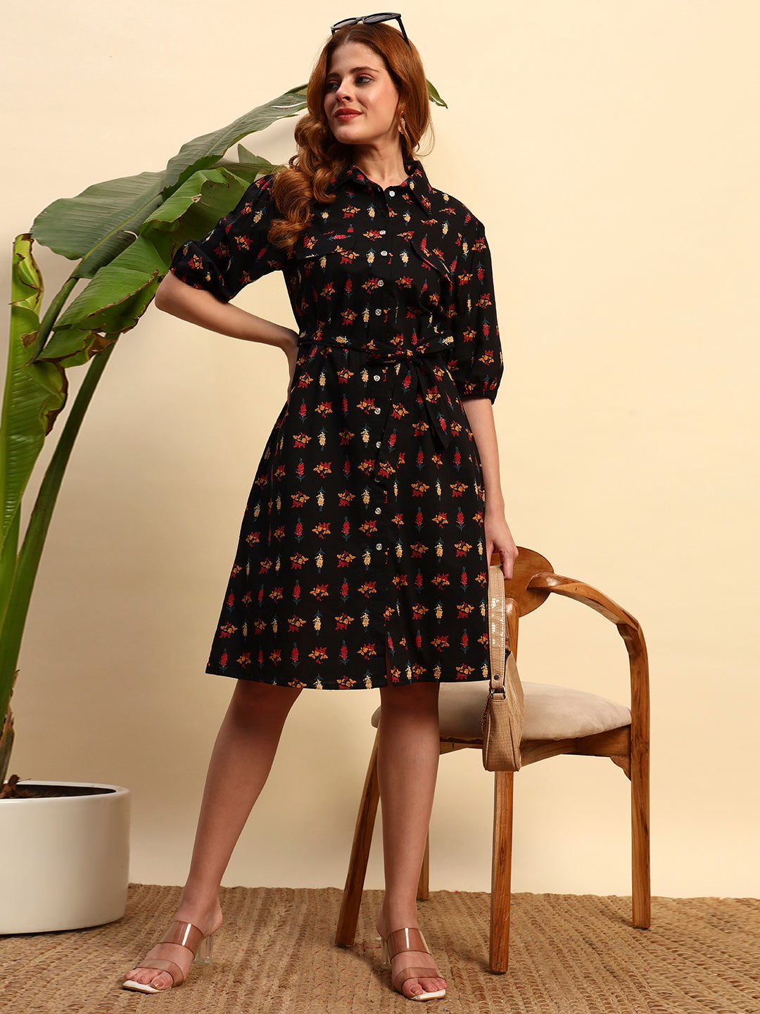 Black Printed Shirt Dress for Women