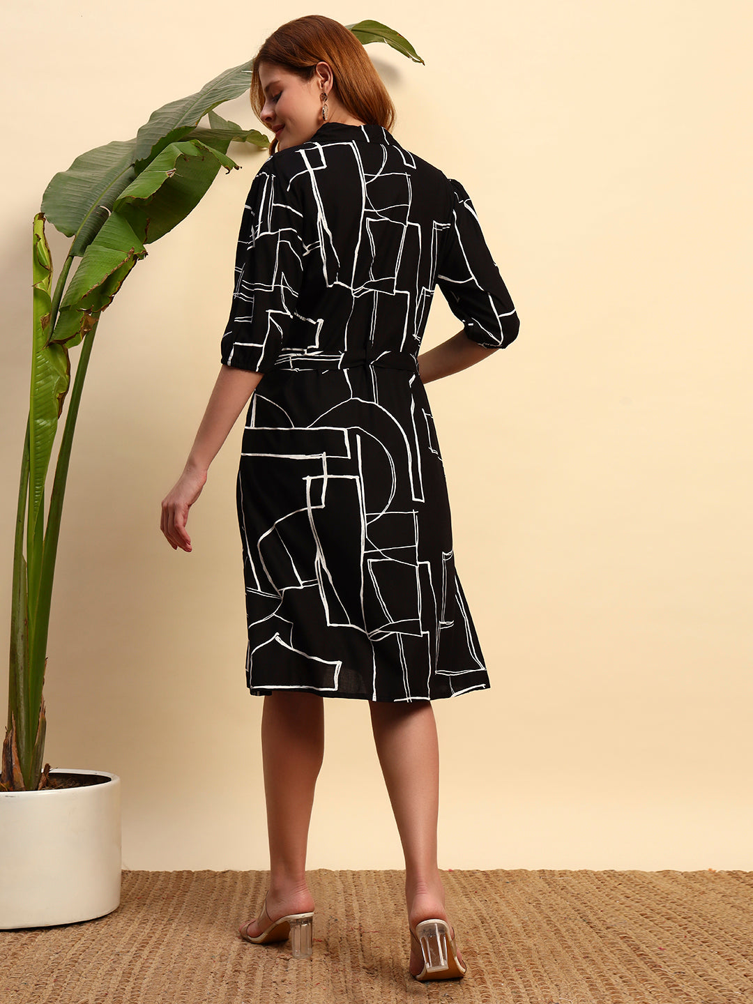 Black Abstract Printed Shirt Dress with Belt for Women