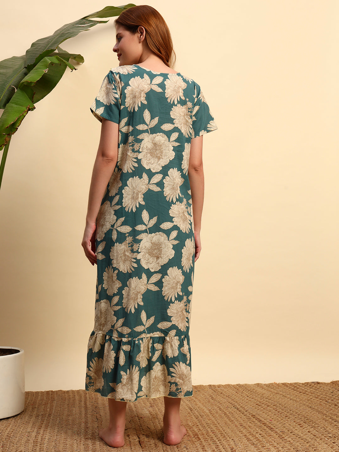 Green Floral Cotton Maxi Night Gown for Women – Printed Short Sleeve Comfortable Nightwear