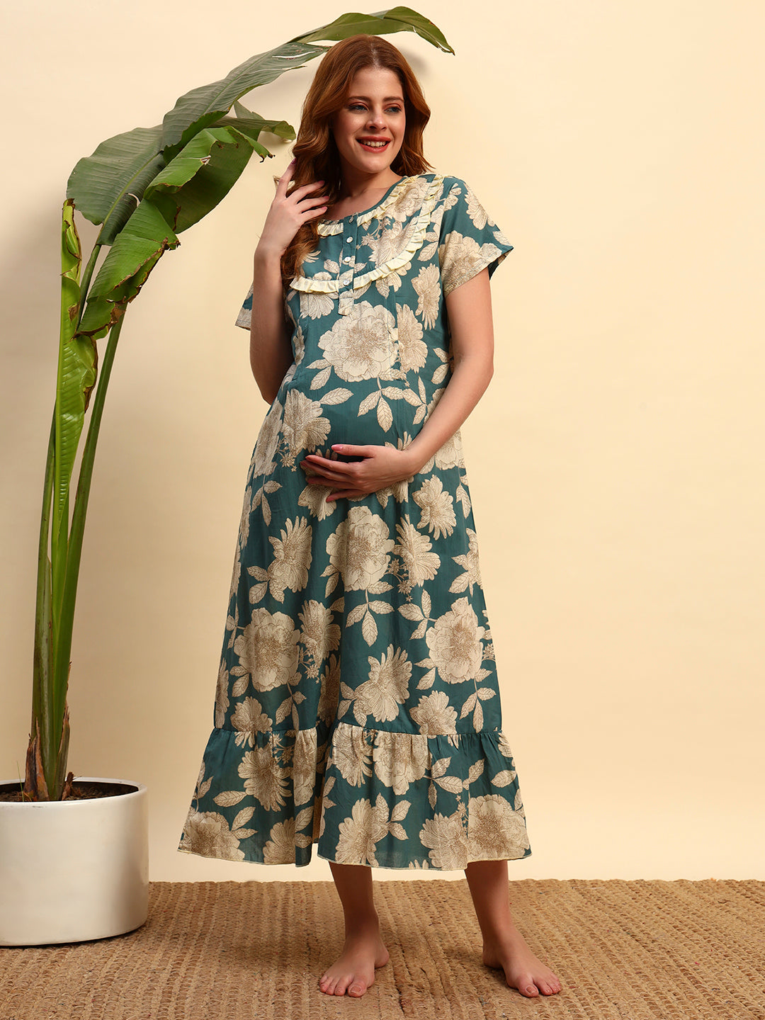 Green Floral Cotton Maxi Night Gown for Women – Printed Short Sleeve Comfortable Nightwear