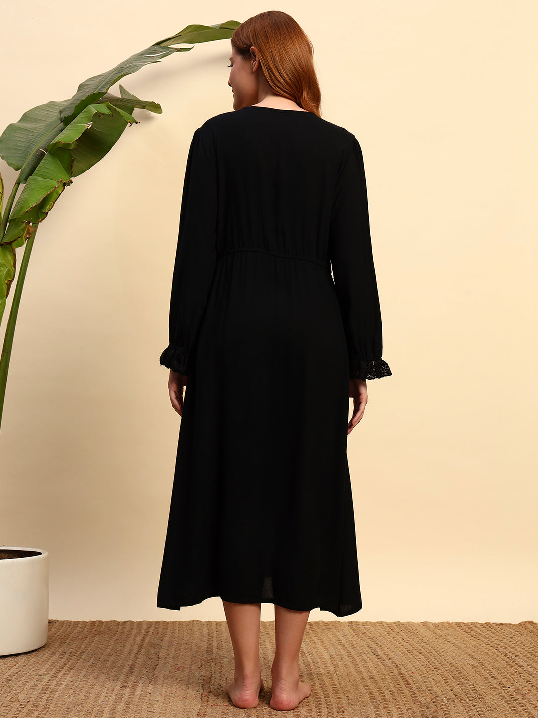Black Solid Night Gown with Lace Detail – Elegant & Comfortable Sleepwear