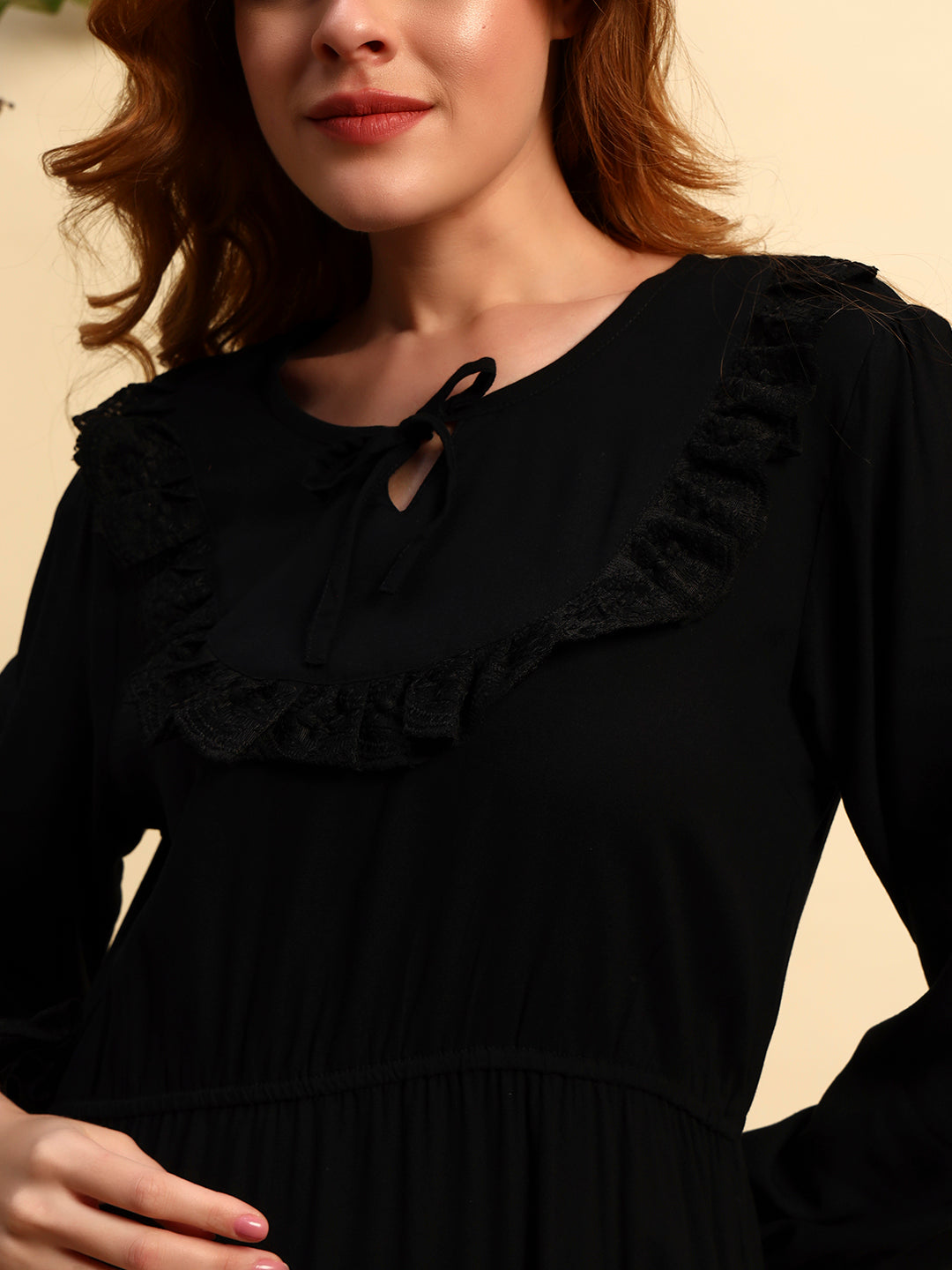 Black Solid Night Gown with Lace Detail – Elegant & Comfortable Sleepwear