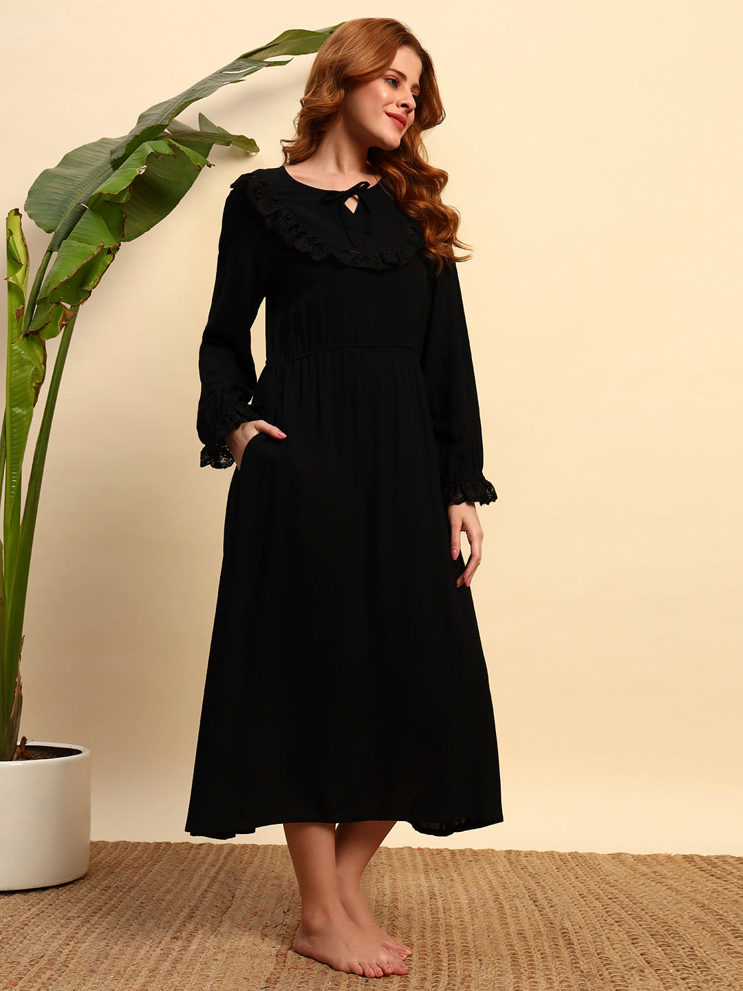 Black Solid Night Gown with Lace Detail – Elegant & Comfortable Sleepwear