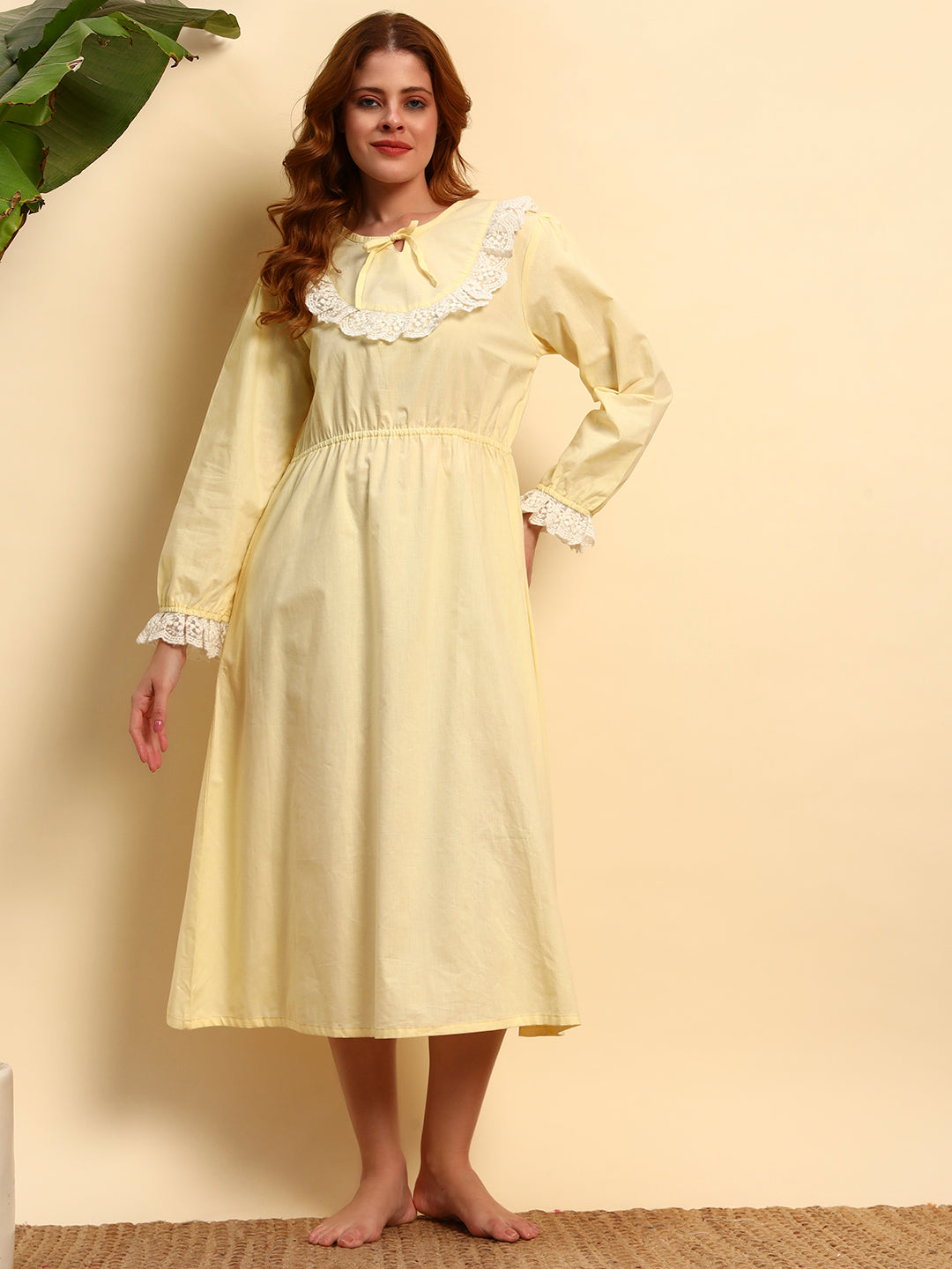 💛 Yellow Solid Night Gown with Lace Yoke – Elegant & Comfortable Sleepwear