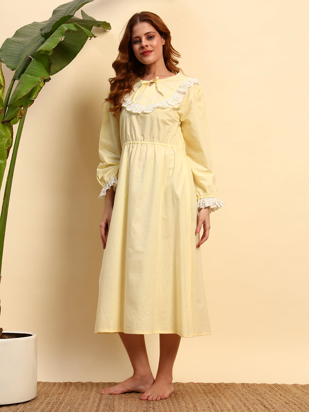 💛 Yellow Solid Night Gown with Lace Yoke – Elegant & Comfortable Sleepwear