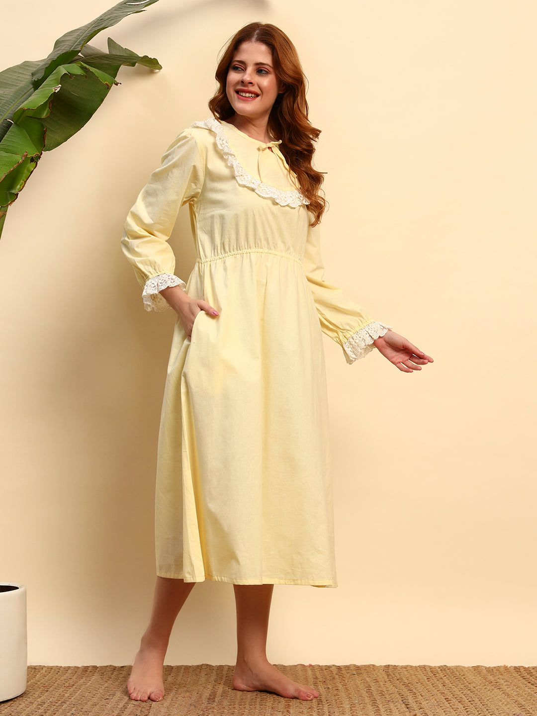 💛 Yellow Solid Night Gown with Lace Yoke – Elegant & Comfortable Sleepwear