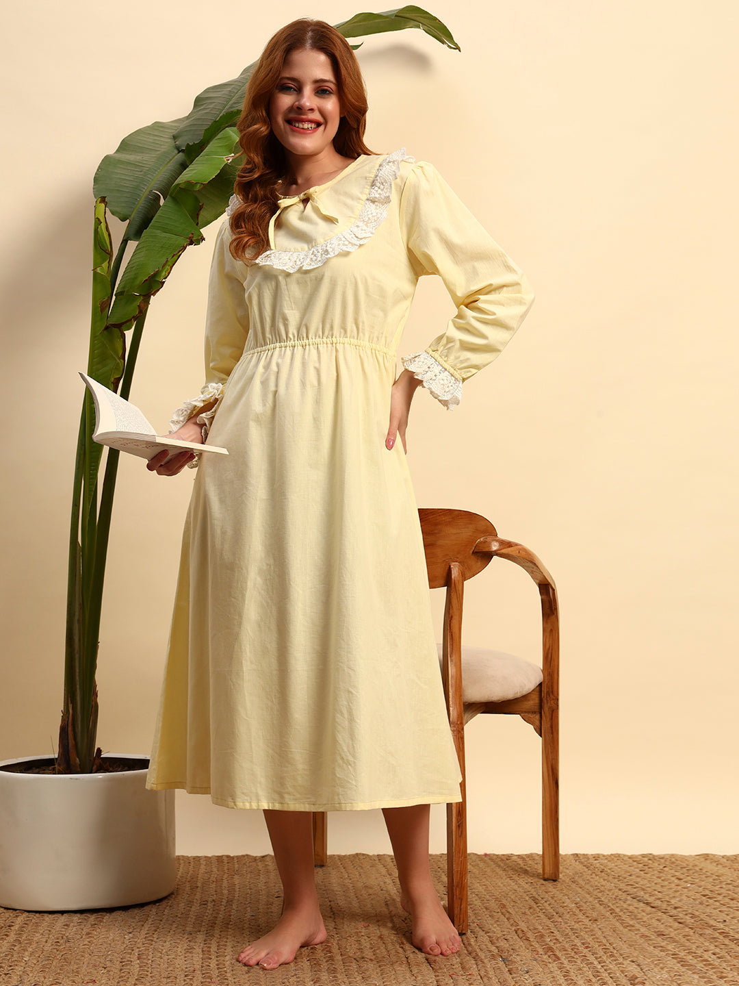💛 Yellow Solid Night Gown with Lace Yoke – Elegant & Comfortable Sleepwear