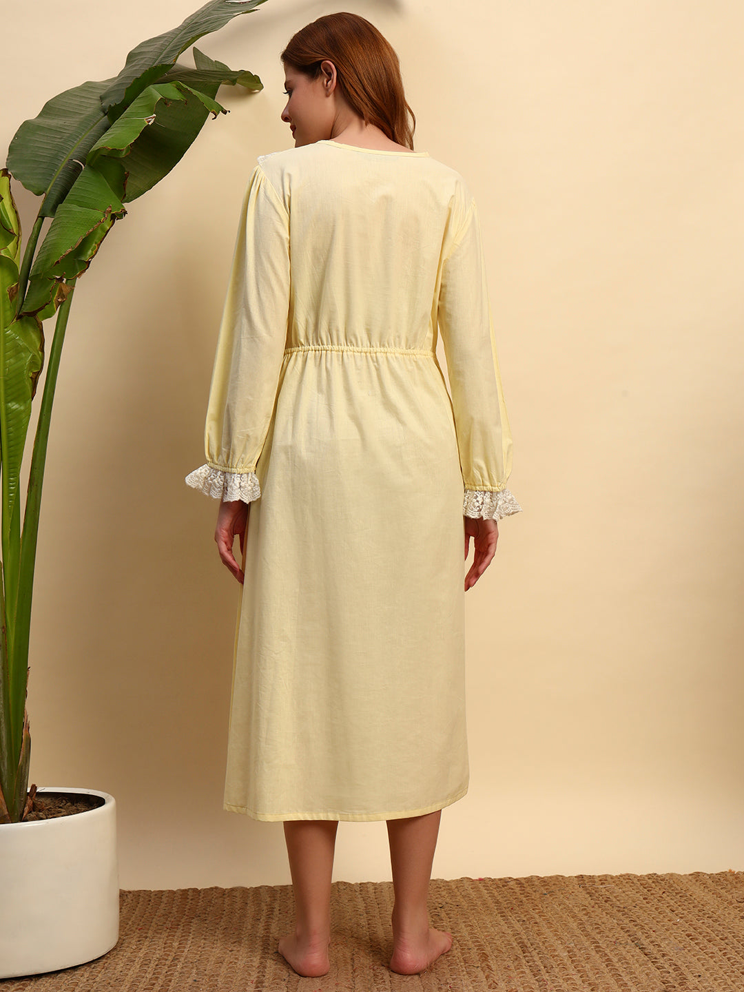 💛 Yellow Solid Night Gown with Lace Yoke – Elegant & Comfortable Sleepwear