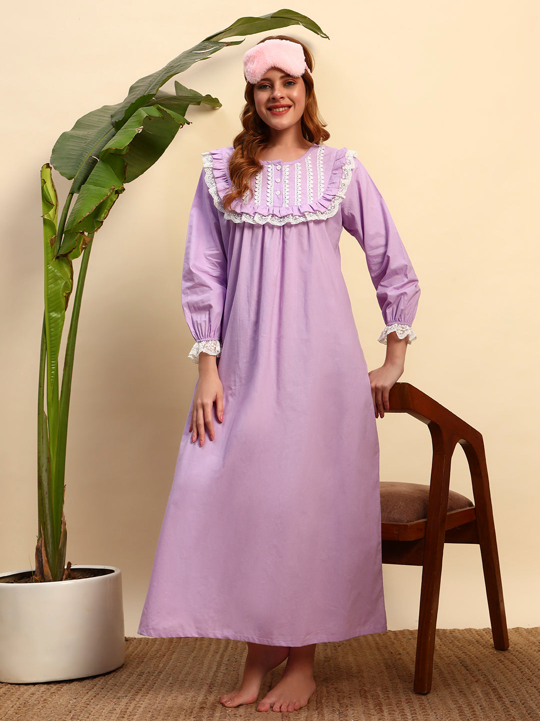 💜 Lavender Solid Night Gown with Lace Yoke – Elegant & Comfortable Sleepwear