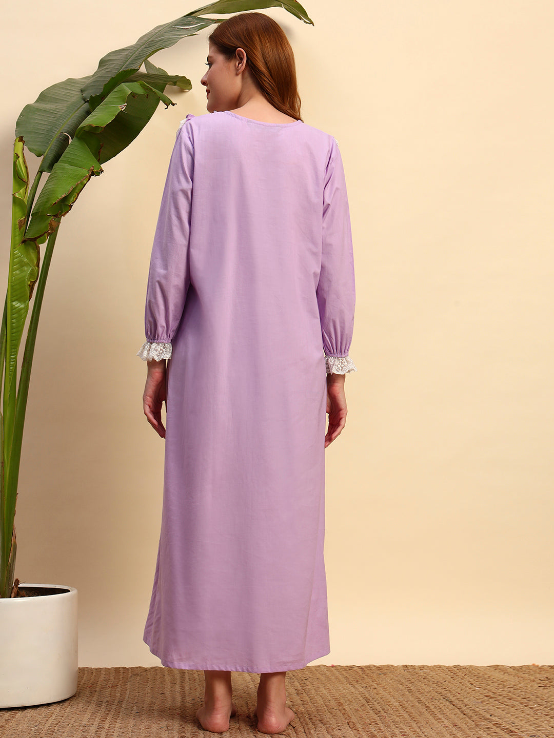 💜 Lavender Solid Night Gown with Lace Yoke – Elegant & Comfortable Sleepwear
