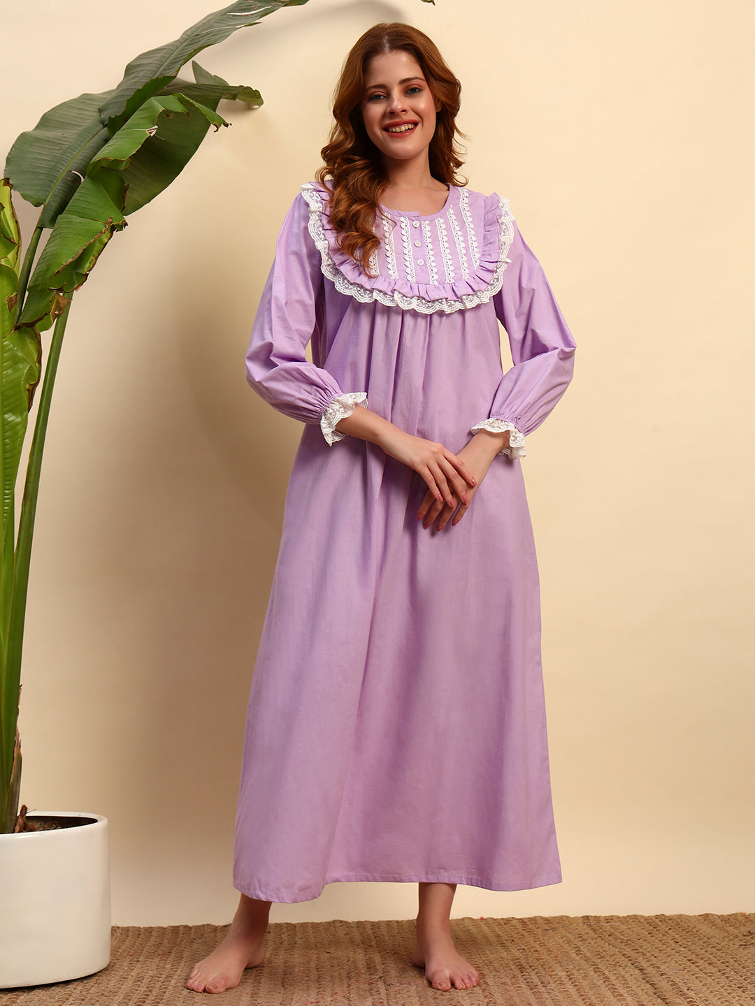 💜 Lavender Solid Night Gown with Lace Yoke – Elegant & Comfortable Sleepwear