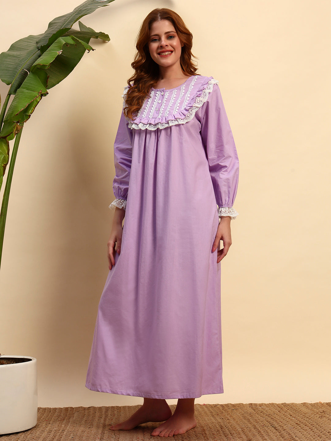 💜 Lavender Solid Night Gown with Lace Yoke – Elegant & Comfortable Sleepwear