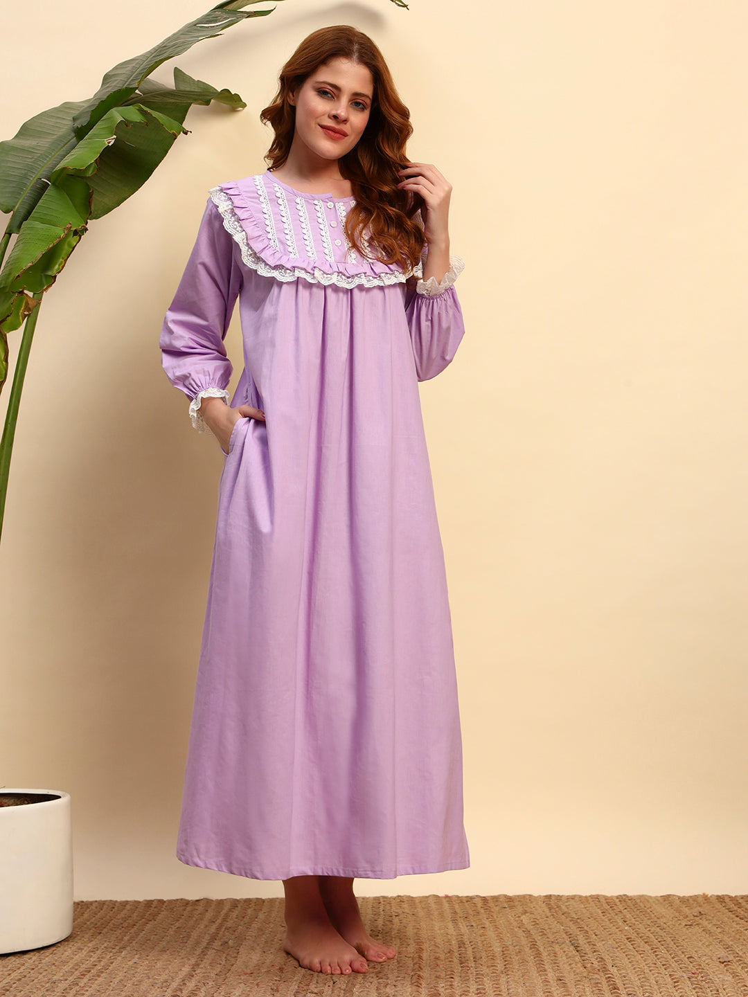 💜 Lavender Solid Night Gown with Lace Yoke – Elegant & Comfortable Sleepwear