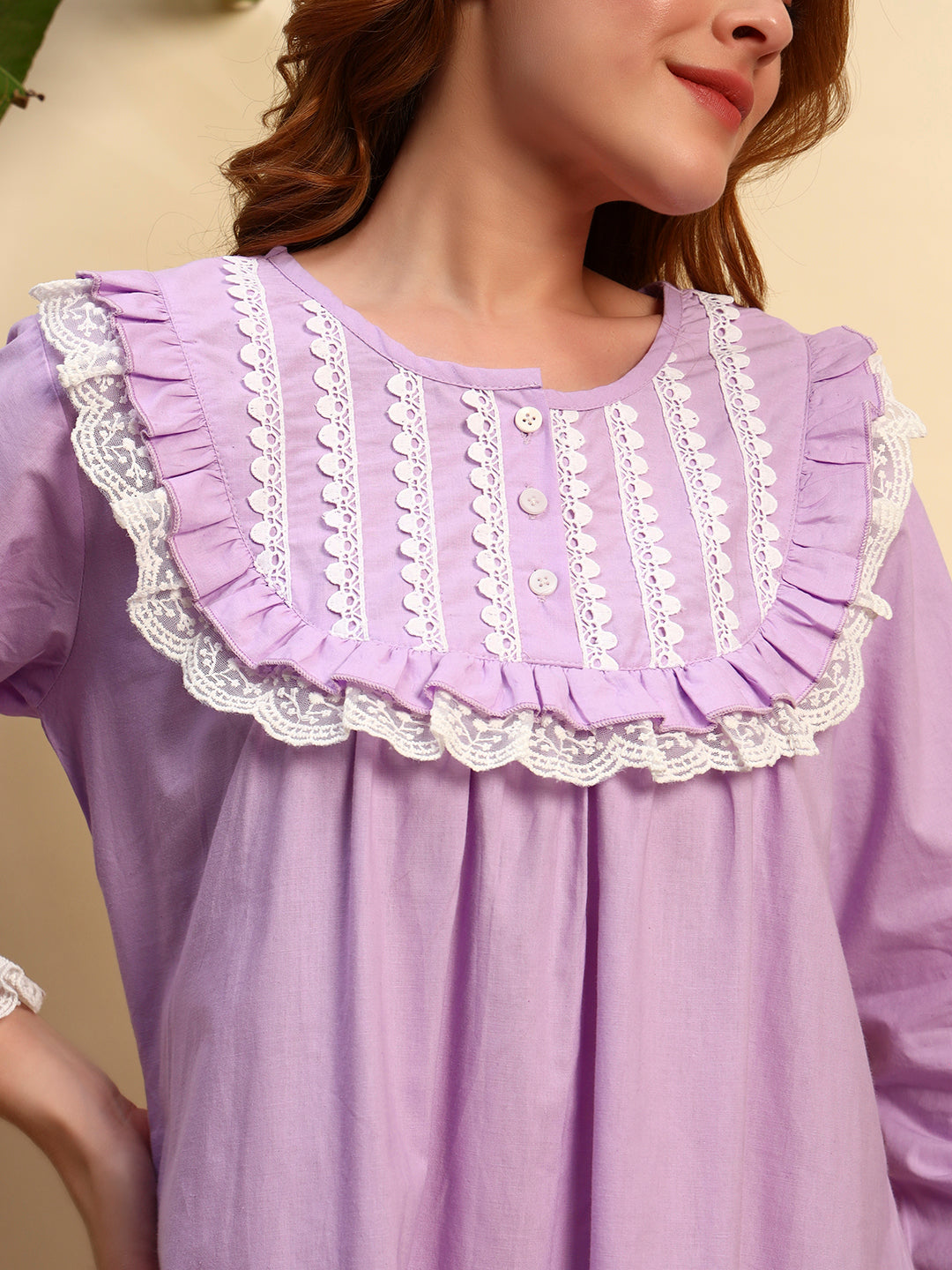 💜 Lavender Solid Night Gown with Lace Yoke – Elegant & Comfortable Sleepwear