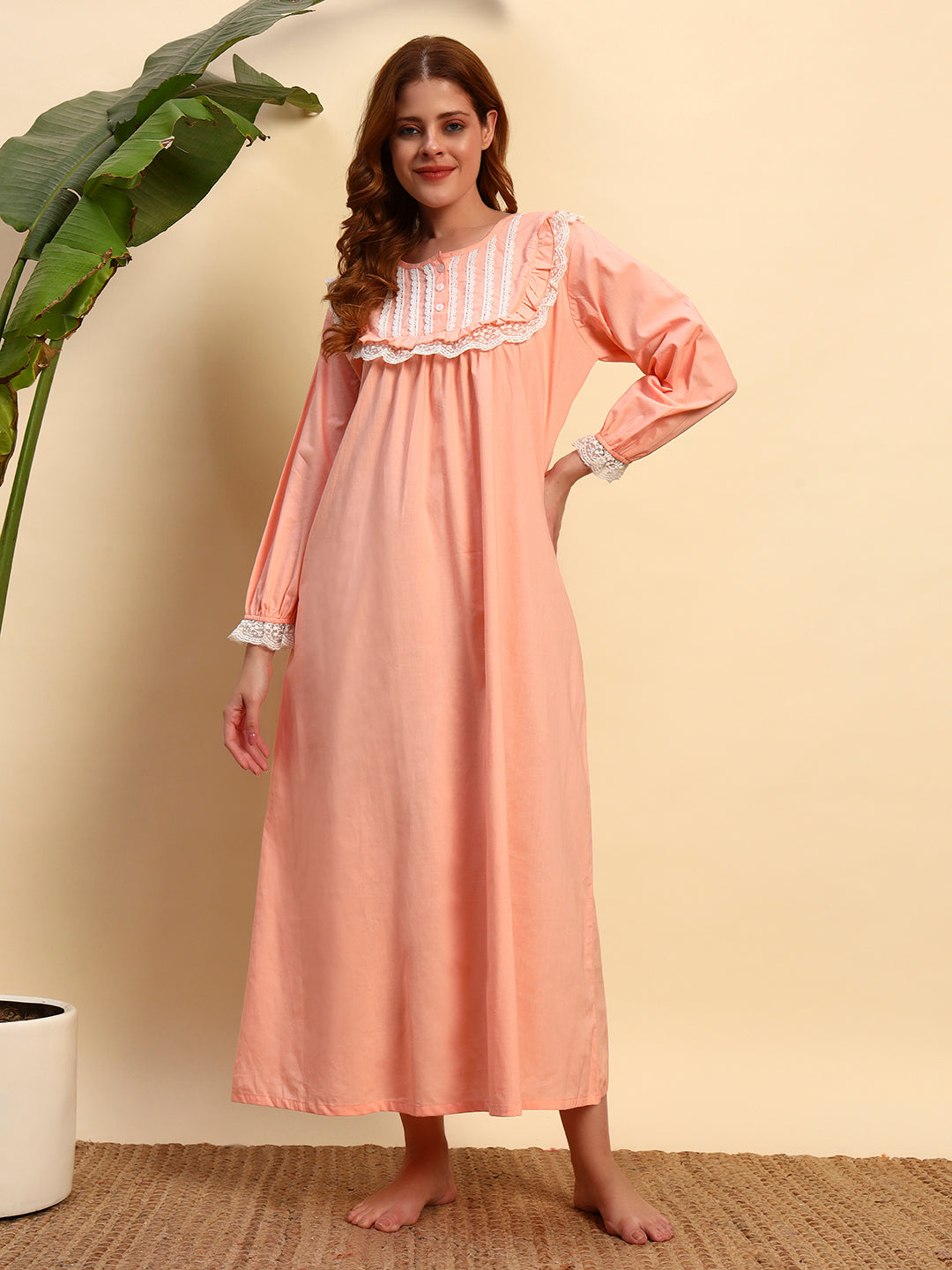 🧡 Peach Solid Night Gown with Lace Yoke – Soft & Elegant Nightwearx`