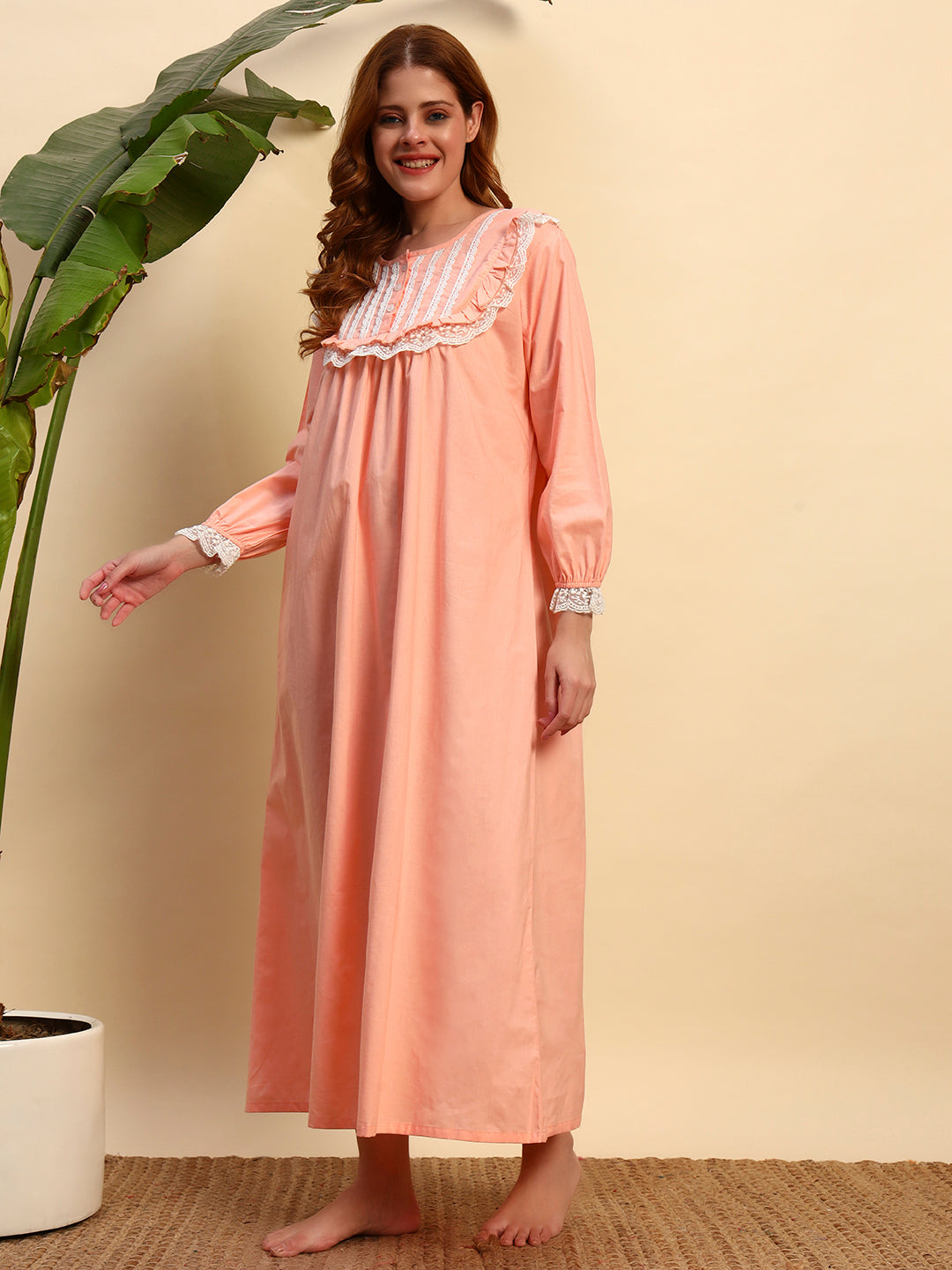 🧡 Peach Solid Night Gown with Lace Yoke – Soft & Elegant Nightwearx`