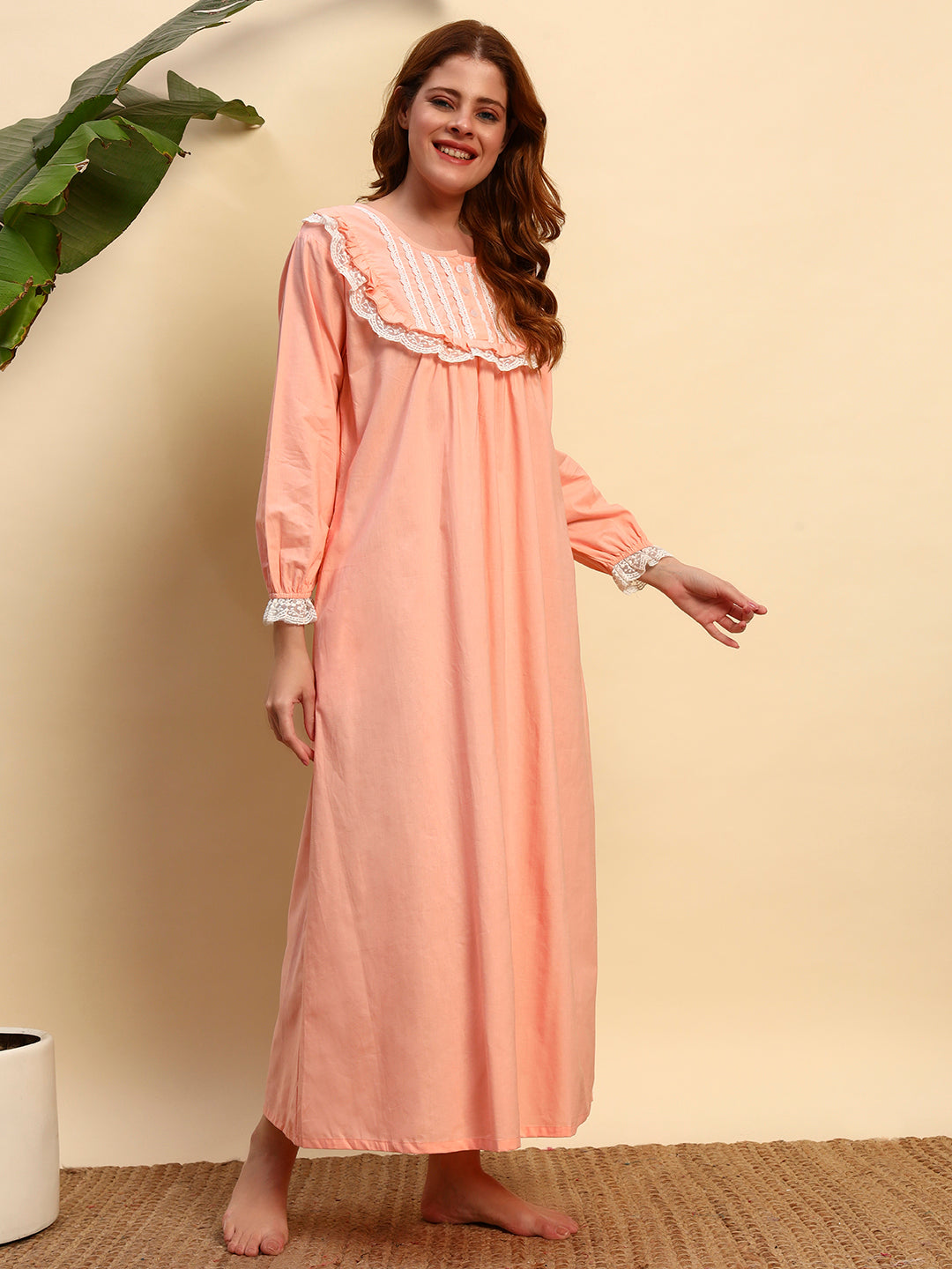 🧡 Peach Solid Night Gown with Lace Yoke – Soft & Elegant Nightwearx`