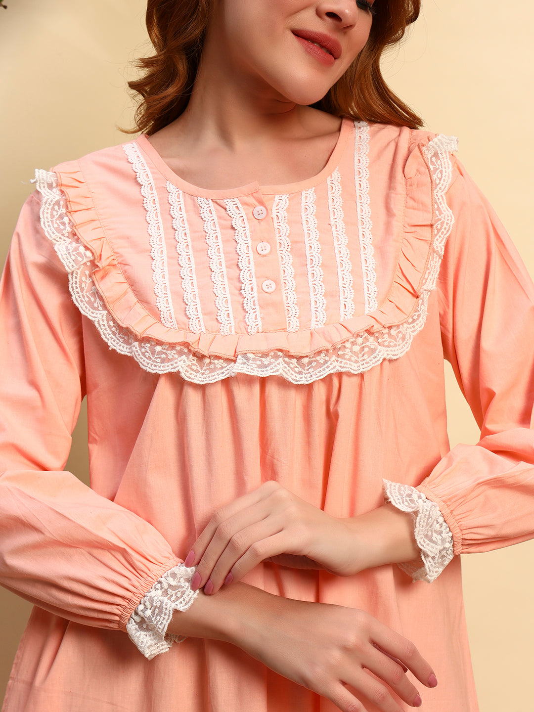 🧡 Peach Solid Night Gown with Lace Yoke – Soft & Elegant Nightwearx`