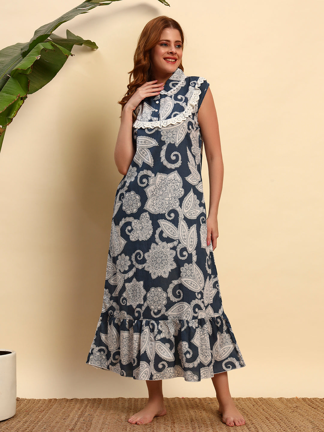 🌿 Grey Paisley Printed Cotton Maxi Night Gown for Women – Sleeveless Comfortable Nightwear