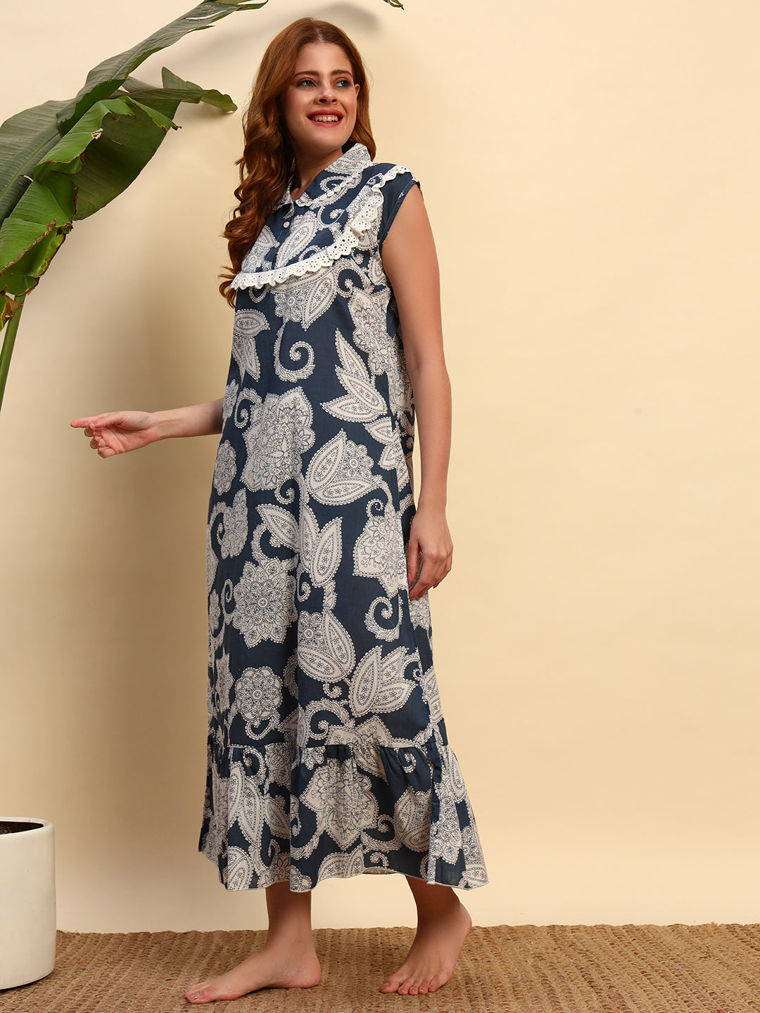 🌿 Grey Paisley Printed Cotton Maxi Night Gown for Women – Sleeveless Comfortable Nightwear