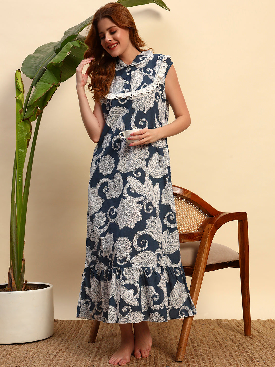 🌿 Grey Paisley Printed Cotton Maxi Night Gown for Women – Sleeveless Comfortable Nightwear